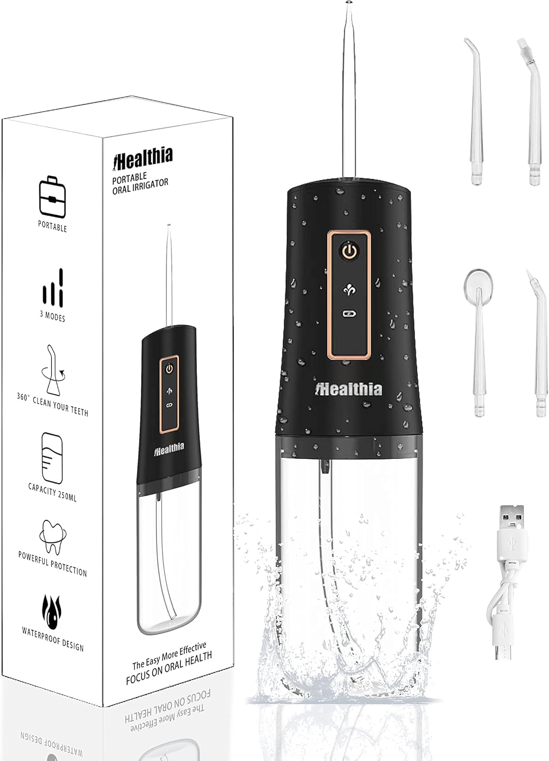 Water Dental Flosser Cordless,  Portable Oral Irrigator for Teeth, 4 Modes and 4 Jet Tips, IPX7 Waterproof, Rechargeable for 30-Days Use, Home, Travel, Braces, Bridges Care(Black)